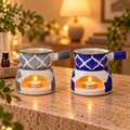 KunhaR Ceramic Aroma Diffuser and Oil Burner Pack of 2, 180 ML, Multi-Purpose Fondue for Essential Oils, Camphor and Wax Melts, Home Office Meditation Use (Grey & Blue)