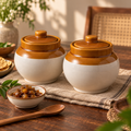 KunhaR Ceramic Storage Jars with Lids, 400 ml Each, Set of 2, White and Brown Barni for Pickles, Spices, Salt and Sugar