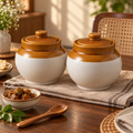 KunhaR Ceramic Storage Jars with Lids, 750 ml Each, Set of 2, White and Brown Barni for Pickles, Spices, Salt and Sugar