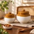 KunhaR Ceramic Storage Jars with Lids, 750 ml + 1200 ml, Set of 2, White and Brown Barni for Pickles, Spices, Salt and Sugar