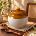 KunhaR Ceramic Storage Jar with Lid, 1200 ml, 1 Piece, White and Brown Barni for Pickles, Spices, Salt and Sugar