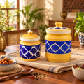 KunhaR Ceramic Jars Pack of 2 (600ML + 1000ML) – Handcrafted Multipurpose Barni with Lid for Pickle, Chutney, Spices, Salt, Sugar – Kitchen Storage Containers, Yellow Blue