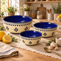 KunhaR Ceramic Mixing Bowl Set, 800 ml, 600 ml & 400 ml, Cream Blue Floral | Set of 3 Nesting Bowls for Mixing, Serving, Salad, Pasta, Snacks & Kitchen Prep