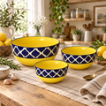 KunhaR Ceramic Mixing Bowl Set, 800 ml, 600 ml & 400 ml, Yellow Blue Chidi | Set of 3 Nesting Bowls for Mixing, Serving, Salad, Pasta, Snacks & Kitchen Prep
