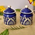 Kunhar Ceramic Multipurpose Jar, Pickle Jars - 200 Ml, 2 Pieces, Blue Mugal Print