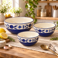 KunhaR Ceramic Mixing Bowl Set, 800 ml, 600 ml & 400 ml, Blue | Set of 3 Nesting Bowls for Mixing, Serving, Salad, Pasta, Snacks & Kitchen Prep