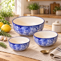 KunhaR Ceramic Mixing Bowl Set, 800 ml, 600 ml & 400 ml, Blue Luster | Set of 3 Nesting Bowls for Mixing, Serving, Salad, Pasta, Snacks & Kitchen Prep
