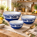KunhaR Ceramic Mixing Bowl Set, 1500 ml, 800 ml & 600 ml, Blue Vine | Set of 3 Nesting Bowls for Mixing, Serving, Salad, Pasta, Snacks & Kitchen Prep