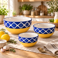 KunhaR Ceramic Mixing Bowl Set, 1500 ml, 800 ml & 600 ml, Yellow Blue Chidi | Set of 3 Nesting Bowls for Mixing, Serving, Salad, Pasta, Snacks & Kitchen Prep