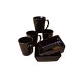 Kunhar Ceramic Diamond Cut Shape Tea Cups and Snack Tray (4 Cups 250 ML and 2 Snack Trays), Color Black