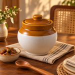 KunhaR Ceramic Storage Jar with Lid, 750 ml, 1 Piece, White and Brown Barni for Pickles, Spices, Salt and Sugar