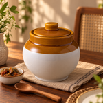 KunhaR Ceramic Storage Jar with Lid, 1200 ml, 1 Piece, White and Brown Barni for Pickles, Spices, Salt and Sugar