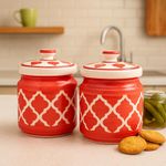 Kunhar Ceramic Barni Red & White 1000ml Set of 2 with Lid | Handcrafted Pickle Jar | Storage Jar for Spices, Chutney, Achar, Salt, Sugar