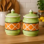 Kunhar Ceramic Jars Set of 2 (600ML Each) – Handcrafted Multipurpose Barni with Lid for Pickle, Chutney, Spices, Salt, Sugar – Kitchen Storage Containers, Green Orange