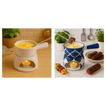 KunhaR Ceramic Fondue Set Pack of 2 (2 Piece of Fondue Set, 4 Tea Light Candle), White Matt & Blue Chidi
