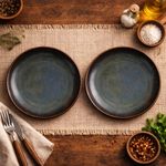 Kunhar Deep Pasta Plates Set of 2, 10 Inch | Ocean Teal Reactive Glaze with Dark Brown Rim | Premium Stoneware | Microwave & Dishwasher Safe | Deep Serving Plates for Pasta, Salad & Dinner