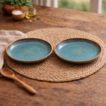 Kunhar Ceramic Dinner Plates Set of 2, 10 Inch | Ocean Teal Reactive Glaze with Brown Rim | Premium Stoneware | Microwave & Dishwasher Safe | Serving Plates for Dinner, Pasta & Salad