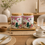KunhaR Airtight Ceramic Storage Jar Set with Bamboo Lids & Tray, 750 ml Each, Multipurpose Kitchen Containers for Tea, Coffee, Sugar, Spices, Dry Fruits & Pickles, Floral Cream, Pack of 2