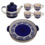 Kunhar Ceramic Morning Set, Blue Flower (1 Tray, 4 Cups 150 ml and 1 Teapot 650 ml)