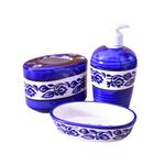 KunhaR Ceramic 3-Piece Bathroom Accessory Set, Blue-Flower (Liquid Soap Dispenser 450 ML, Soap Tray and Toothbrush Holder)