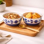 Kunhar Ceramic Mixing Bowls, Microwave Safe Bowl for Kitchen, Freezer & Dishwasher, Ideal for Snacks, Rice, Salad, and Noodles - 800 ML, 2 Pieces, Blue Flower