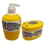 KunhaR Ceramic 2-Piece Bathroom Accessory Set, Yellow (Liquid Soap Dispenser 300 ML and Toothbrush Holder)