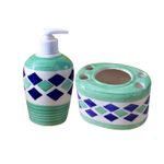 KunhaR Ceramic Bathroom Accessory Set, Green (Liquid Soap Dispenser and Toothbrush Holder)