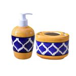 KunhaR Ceramic Bathroom Accessory Set, Yellow Blue, Liquid Soap Dispenser and Toothbrush Holder