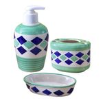 KunhaR Ceramic 3-Piece Bathroom Accessory Set, Green (Liquid Soap Dispenser 450 ML, Soap Dish Holder and Toothbrush Holder)