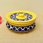 Kunhar Ceramic Donga with Lid, Ceramic Serving Casserole, 800 Ml, 1 Piece, Yellow Blue Chidi (Size 2 Number)