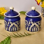 Kunhar Ceramic Multipurpose Jar, Pickle Jars - 200 Ml, 2 Pieces, Blue Mugal Print