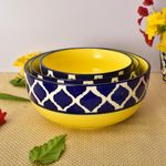 Kunhar Ceramic Mixing Bowls, Soup Bowl, Salad Bowl, Bowl for Snacks, Microwave Safe, Dishwasher Safe - 1500 Ml, 800 Ml and 600 Ml, 3 Pieces, Yello Blue Chidi