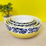 Kunhar Ceramic Mixing Bowl Set – 4 Pieces (1500ml, 800ml, 600ml, 400ml), Blue Flower Yellow – Durable, Microwave & Dishwasher Safe – Ideal for Mixing, Serving & Storage