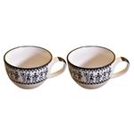 Kunhar Ceramic Soup Mug - White Warli Painting, 2 Pieces, 350 ML