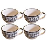 Kunhar Ceramic Soup Mug - White Warli Painting, 4 Pieces, 350 ML