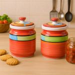 Kunhar Ceramic Barni Red 1000ml Set of 2 with Lid | Handcrafted Pickle Jar | Storage Jar for Spices, Chutney, Achar, Salt, Sugar