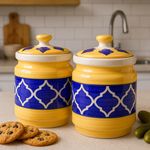 Kunhar Ceramic Barni Yellow & Blue 1000ml Set of 2 with Lid | Handcrafted Pickle Jar | Storage Jar for Spices, Chutney, Achar, Salt, Sugar
