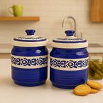 Kunhar Ceramic Barni Blue Vine 1000ml Set of 2 with Lid | Handcrafted Pickle Jar | Storage Jar for Spices, Chutney, Achar, Salt, Sugar