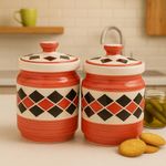 Kunhar Ceramic Barni Red Brick 1000ml Set of 2 with Lid | Handcrafted Pickle Jar | Storage Jar for Spices, Chutney, Achar, Salt, Sugar