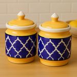 Kunhar Ceramic Jars Set of 2 (600ML Each) – Handcrafted Multipurpose Barni with Lid for Pickle, Chutney, Spices, Salt, Sugar – Kitchen Storage Containers, Yellow Blue