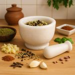 KunhaR Natural White Marble Mortar and Pestle Set, Imam Dasta, Ohkli Musal, Kharal - 3 x 2 Inches, White, (Half Polish)