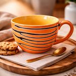 Kunhar Ceramic Jumbo Coffee Mug Soup Mug Noodle Mug - 350 ML - Microwave Safe & Freezer Safe, Set of 1, Orange Line