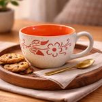 Kunhar Ceramic Jumbo Coffee Mug Soup Mug Noodle Mug - 350 ML - Microwave Safe & Freezer Safe, Set of 1, White Orange Flower