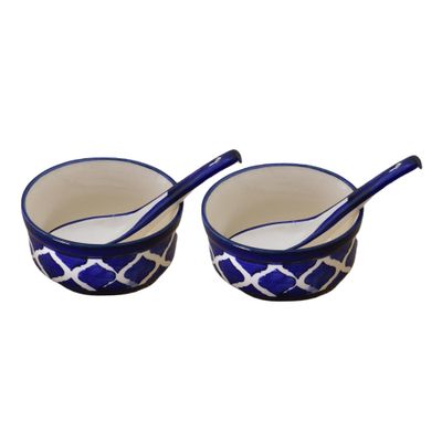 Kunhar Ceramic Serving Bowls – 260 ML, 2 Pieces with 2 Spoon, Blue Chidi