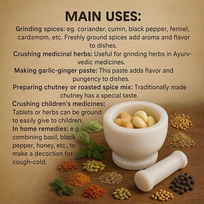 KunhaR Natural White Marble Mortar and Pestle Set, Imam Dasta, Ohkli Musal, Kharal - 3 x 2.5 Inches, White, (Half Polish)