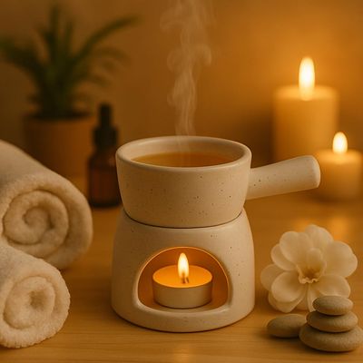 KunhaR Ceramic Aroma Diffuser and Oil Burner, Multi-Purpose Fondue for Essential Oils, Camphor and Wax Melts, Home Office Meditation Use (White)