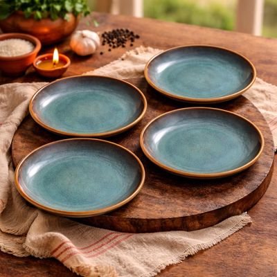 Kunhar Ceramic Dessert & Snack Plates Set of 4, 7 Inch | Ocean Teal Reactive Glaze with Brown Rim | Premium Stoneware | Microwave & Dishwasher Safe | Small Plates for Snacks, Salad & Breakfast