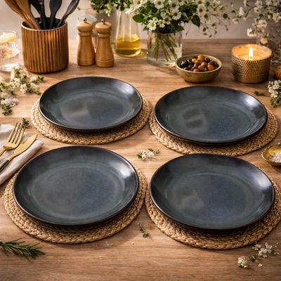 Kunhar Deep Pasta Plates Set of 4, 7 Inch | Ocean Teal Reactive Glaze with Dark Brown Rim | Premium Stoneware | Microwave & Dishwasher Safe | Deep Serving Plates for Pasta, Salad & Dinner