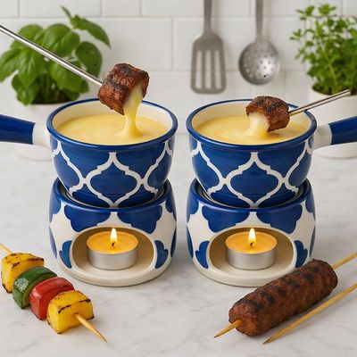 KunhaR Ceramic Fondue Set with Tea Light, 2 Pieces (Blue)