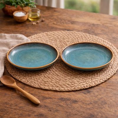 Kunhar Ceramic Dinner Plates Set of 2, 10 Inch | Ocean Teal Reactive Glaze with Brown Rim | Premium Stoneware | Microwave & Dishwasher Safe | Serving Plates for Dinner, Pasta & Salad